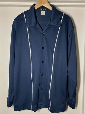 Y.M.L.A. Vintage 90s Bowling Shirt Mens L Navy Blue White Piping Rockabilly USA
